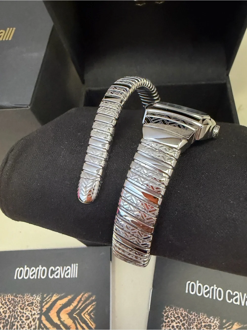 Roberto Cavalli Snake Wrap Watch Blue Dial Silver Crystal Box